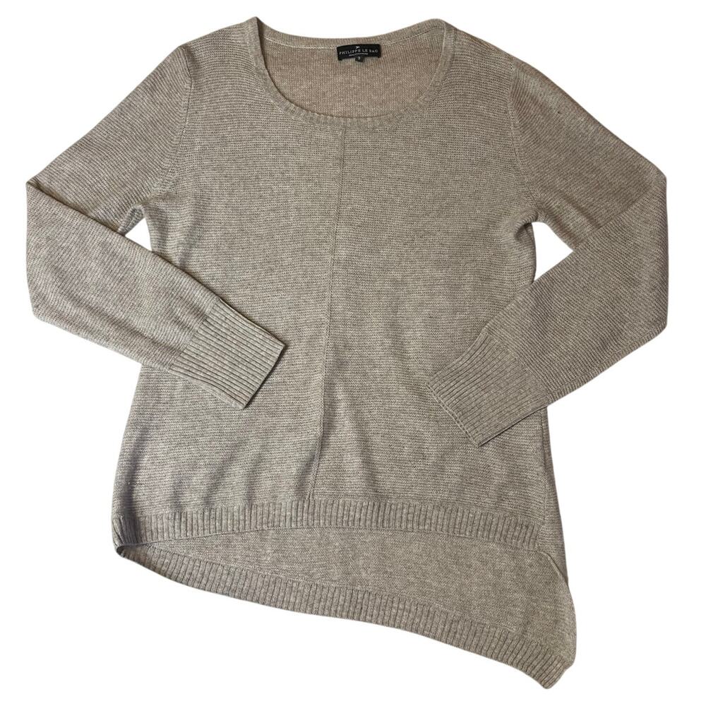 Philippe Le Bac Cashmere Gray/Tan Asymmetrical Hem Pull On Knit Sweater 3 (L)